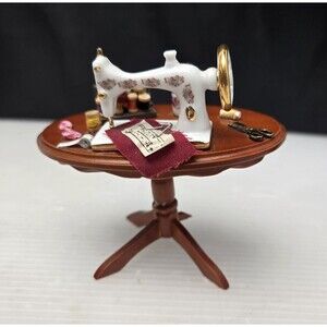 Vintage Reutter Porcelain Dollhouse Sewing Table & Accessories Miniature *READ
